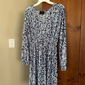 Amiana Long Sleeve Dress with Blue and White Leaf Design